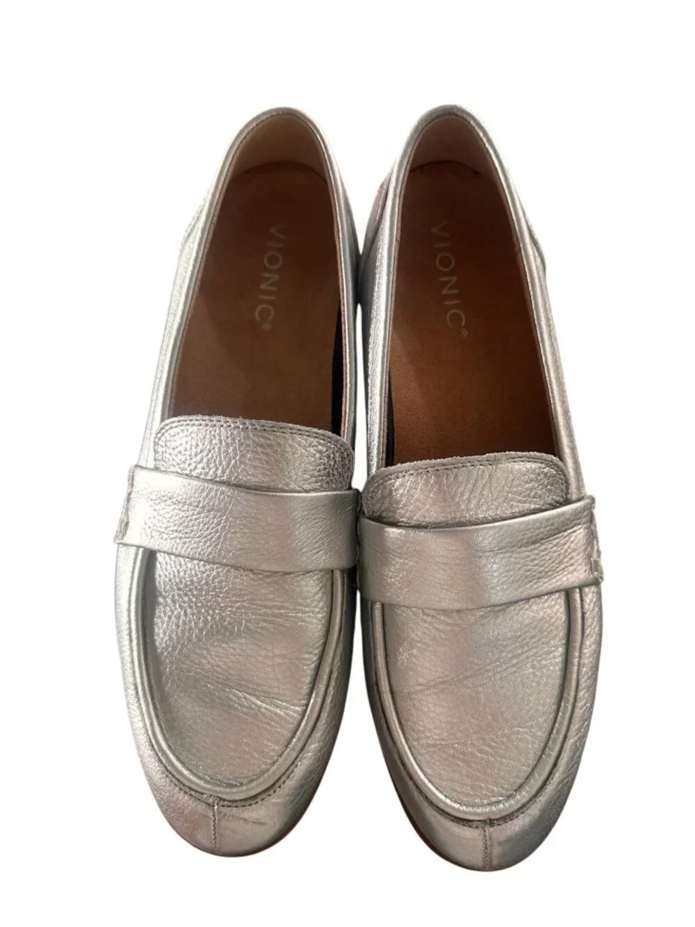 Vionic Cleo Loafers 8.5 Silver Metallic Orthotic Arch Support Leather Classic